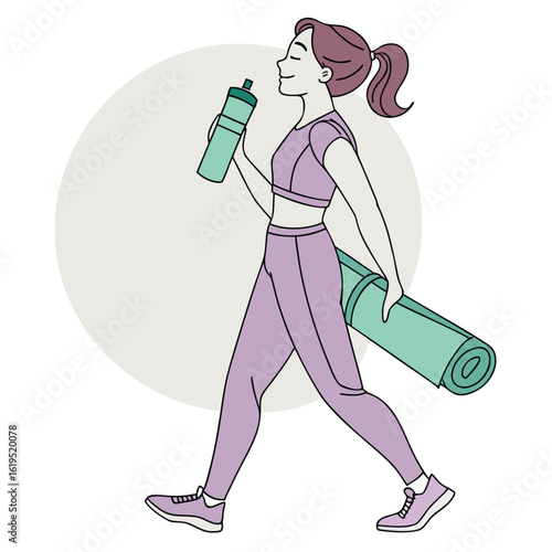 Fit woman with brown ponytail walking with water bottle and yoga mat fitness workout