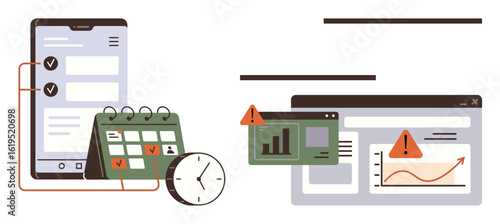 Smartphone with checklist, calendar, clock, and alert icons. Dashboard displaying graphs and error messages. Ideal for time management, productivity, scheduling, analytics notifications project