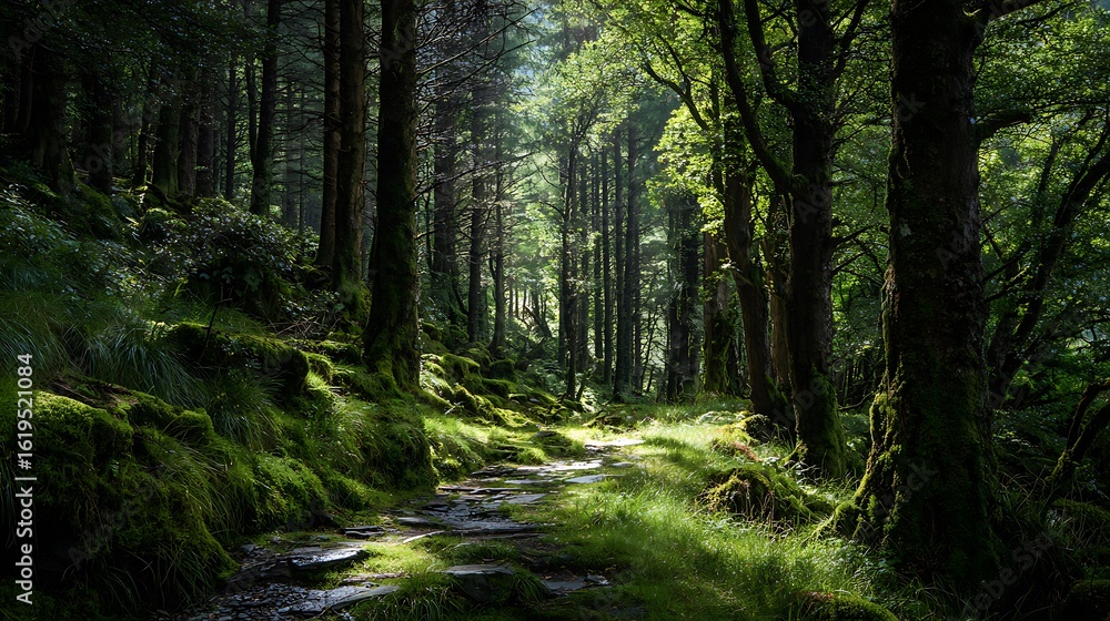 Fototapeta premium Serene green forest sunlight through trees nature woods path calm dark lush moss view image photo .
