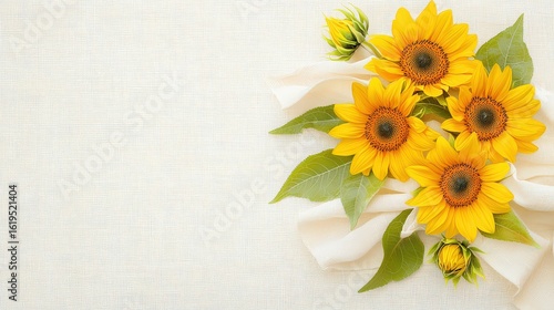 Photorealistic sunflower print on a gently draped linen textile. The design features a muted pastel palette for a vintage feel, isolated on a white background.