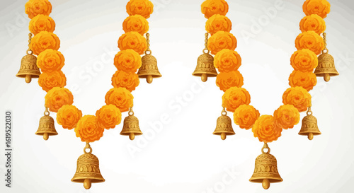 Festive marigold flower garlands adorned with gold bells on a clean background