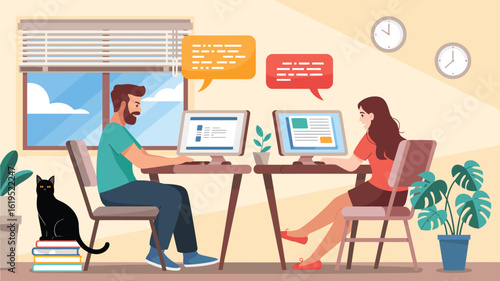 Flat Vector Illustration of Remote Work from Home – People Working in Home Office Setup with Computers, Plants, and Cat Representing Freelance and Online Work Concept

