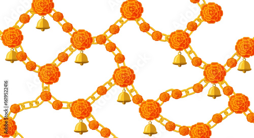 Intricate golden chain adorned with vibrant orange marigolds and festive bells pattern