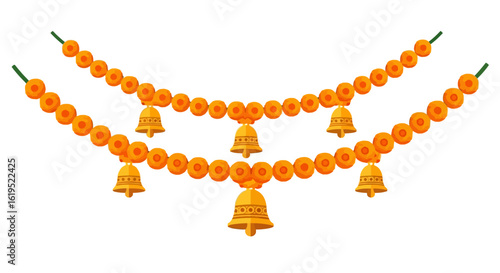 Festive toran decoration adorned with marigold flowers and golden bells for celebrations