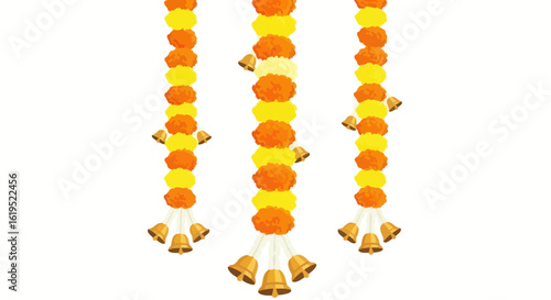 Decorative flower garlands with golden bells hanging, festive ornament for special occasion and