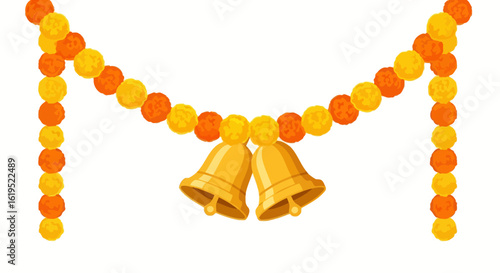 Festive hanging decoration with flower spheres and golden bells for Indian cultural celebrations