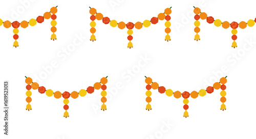 Festive toran pattern with marigold blooms and ornate bell accents symbolizing celebration