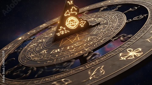 Mystical astrolabe spinning amidst the stars, revealing ancient secrets and celestial movements in the cosmos, bringing astrology to life
