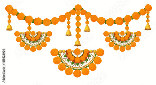 Elegant marigold garland illustration, adorned with traditional jingle bells, reflecting indian