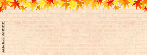 レンガと紅葉の葉、秋のイメージの背景イラスト