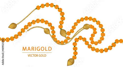 Elegance and tradition: a vibrant garland of marigold blossoms and decorative gold beads