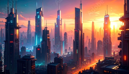 Fototapeta Naklejka Na Ścianę i Meble -  Futuristic city skyline at sunset (1)