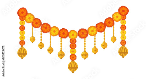 Festive marigold garland illustration against white backdrop enhancing celebration ambiance