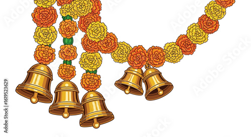 Festive ornamentation with marigold garlands and ornate golden bells artwork