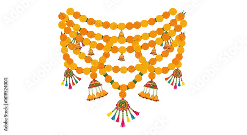 Traditional Indian decorative toran with marigold flowers and golden bells vector illustration for