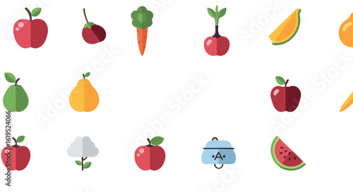 Illustration of various fruits and vegetables including apples pears carrots and a slice of watermelon