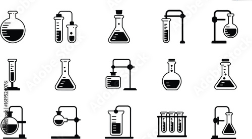 An illustration of various laboratory glassware and setups in a black and white style