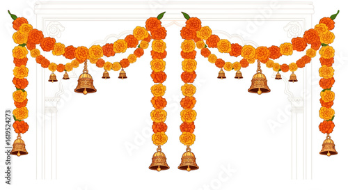 Festive doorway decoration with marigold garlands and hanging bells for celebrations