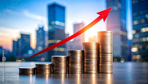 Ascending stacks of coins before a city skyline at sunset, symbolized by a red arrow pointing upward