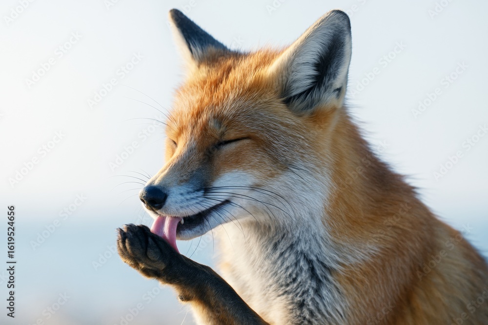 Fototapeta premium Close-up of a red fox licking its paw with eyes closed in natural morning light against a soft blue sky background, symbolizing peaceful wildlife moment. Ai generative