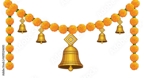 Illustrative festive decoration of marigold garland and golden bells for religious events