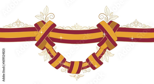 Decorative burgundy and golden ribbon swag with embellishments creates festive charm