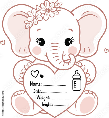 Baby Girl Elephant Birth Announcement Design, Cute Elephant Baby Stats Template for Newborn Girl Floral Baby Elephant Welcome Sign – Editable Birth Info Pink Elephant Baby Arrival Printable Art