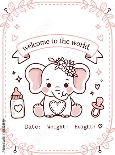 Baby Girl Elephant Birth Announcement Design, Cute Elephant Baby Stats Template for Newborn Girl Floral Baby Elephant Welcome Sign – Editable Birth Info Pink Elephant Baby Arrival Printable Art