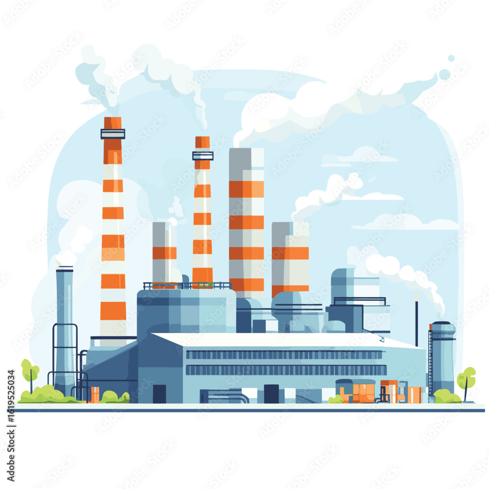 Obraz premium energy generation plant with chimneys electricity production industrial manufacturing building heavy industry factory, vector style simple color