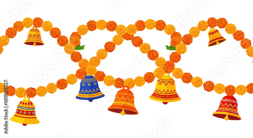 Festive garland of marigold blooms and ringing bells, adorning celebrations with charm and