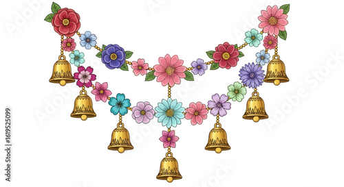 Ornamental flower garland with golden bells adding a joyful and colorful celebratory touch for any