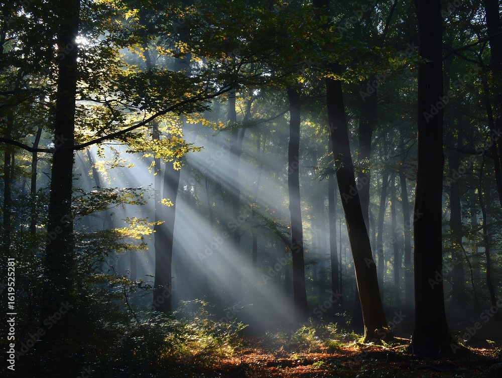 Obraz premium 朝の木漏れ日が差し込む静かな森の風景