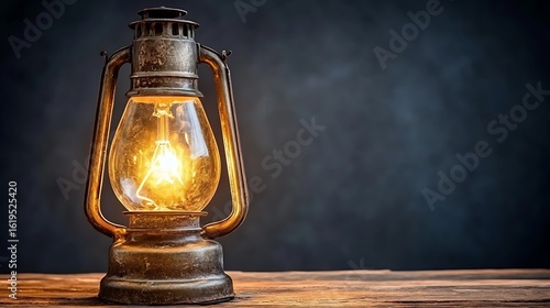 Vintage lantern with warm light on a wooden surface.