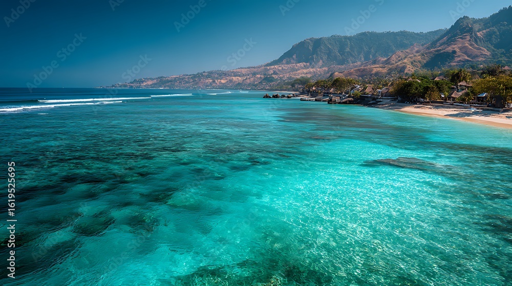 Fototapeta premium Stunning turquoise ocean water with mountain view background sea sky sun blue calm green clear beach .