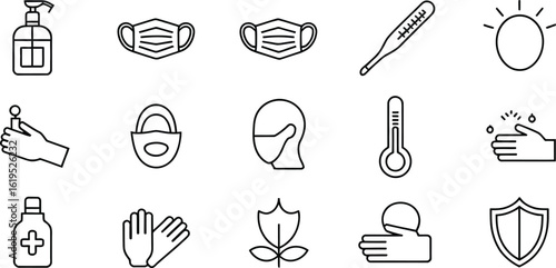 A collection of black outline health and safety icons on a light gray background