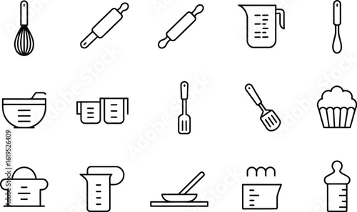 Illustration of kitchen utensils including whisks rolling pins and measuring cups icon