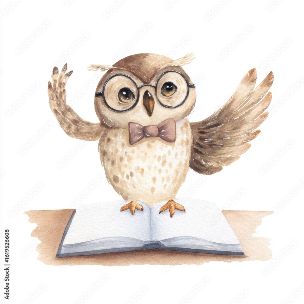 Naklejka premium Wise owl with glasses and bow tie perched on open book in watercolor illustration