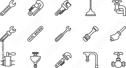 A collection of plumbing and repair tools displayed in a line art style format