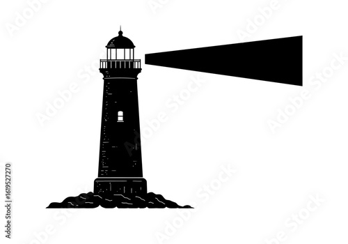 Minimalist Black and White Digital Illustration of a Lighthouse with Focused Beam on a White Background