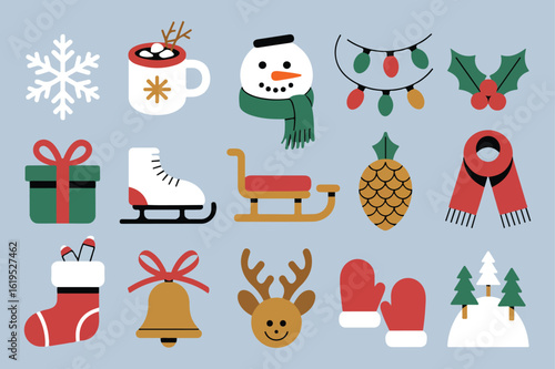 Christmas festive icons and elements in a minimalist style