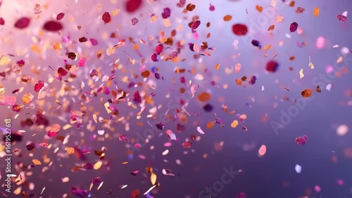 Gently falling petals create a soft abstract texture swirling in purples pinks and a warm glow evoking serenity