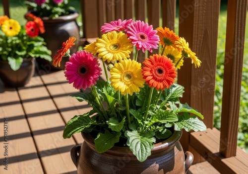 Wallpaper Mural Colorful gerbera daisies blooming in a pot on a wooden deck Torontodigital.ca