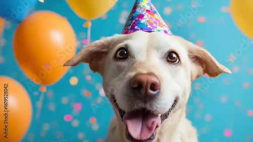 Happy dog wearing party hat smiles brightly surrounded by vibrant balloons celebrating a joyful occasion filled with colorful confetti
