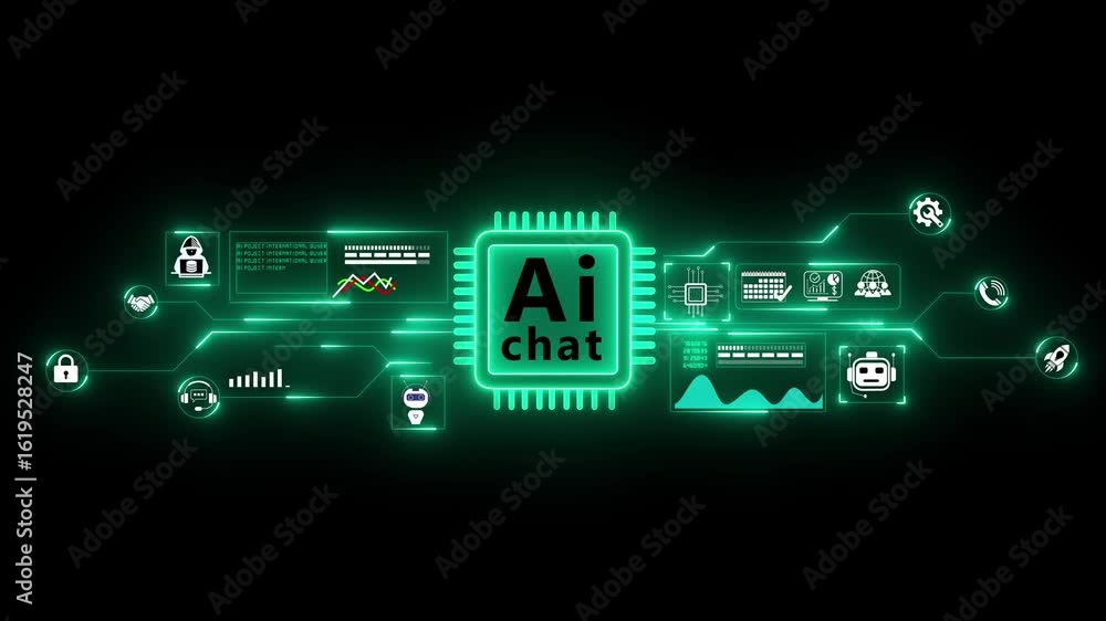 Artificial Intelligence processor unit. Powerful Quantum AI chat with icons . Modern technology innovation showcasing AI chip and circuit design in vibrant colors 4k motion motion video. Artificial Intelligence processor unit. Powerful Quantum AI chat with icons . Modern technology innovation showcasing AI chip and circuit design in vibrant colors 4k motion motion video.