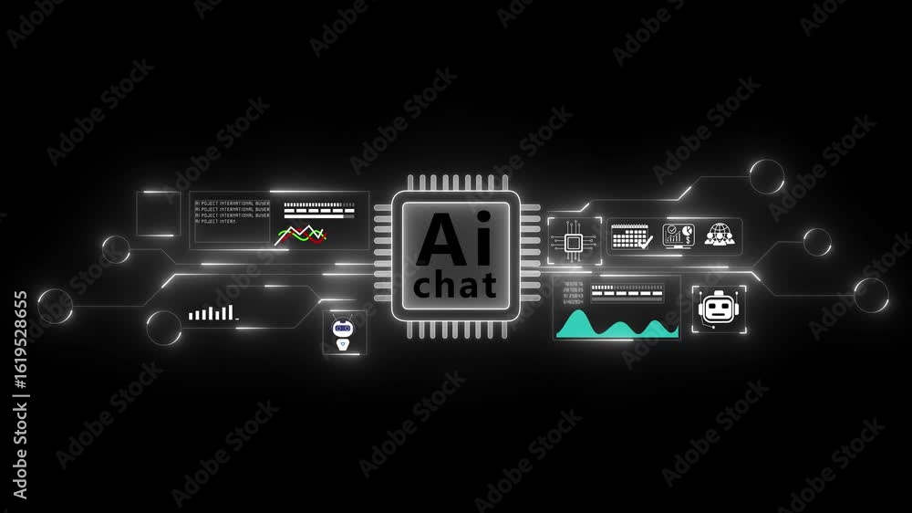 Artificial Intelligence processor unit. Powerful Quantum AI chat with icons transfers. Modern technology innovation showcasing AI chip and circuit design in vibrant colors 4k motion motion video. Artificial Intelligence processor unit. Powerful Quantum AI chat with icons transfers. Modern technology innovation showcasing AI chip and circuit design in vibrant colors 4k motion motion video.
