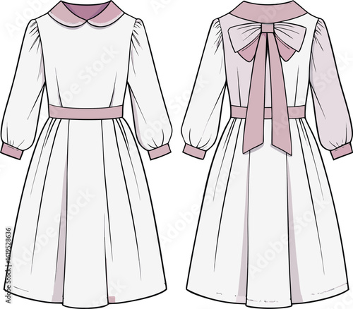 Fashion illustration of a dress with long sleeves and a bow in back