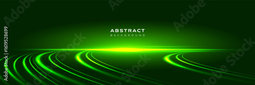 Abstract green light speed lines background in a futuristic style. Horizontal vector. Road lines, communication, and high-speed data flow for digital applications, covers, and presentations