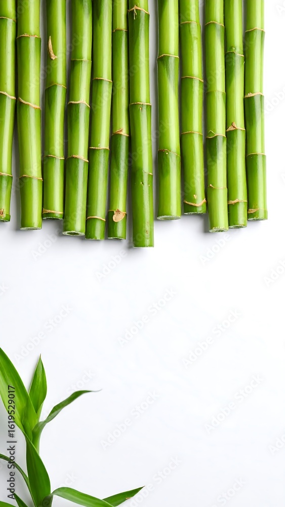 Fototapeta premium Fresh bamboo stalks arranged on white background