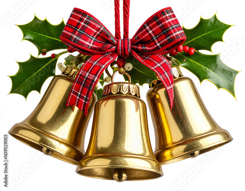 Golden sleigh bells tied with red ribbon and holly leaves isolated on transparent background PNG