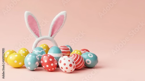 Decorative painted eggs cluster beneath bunny ears against a soft pink backdrop A cheerful spring scene evokes festive joy